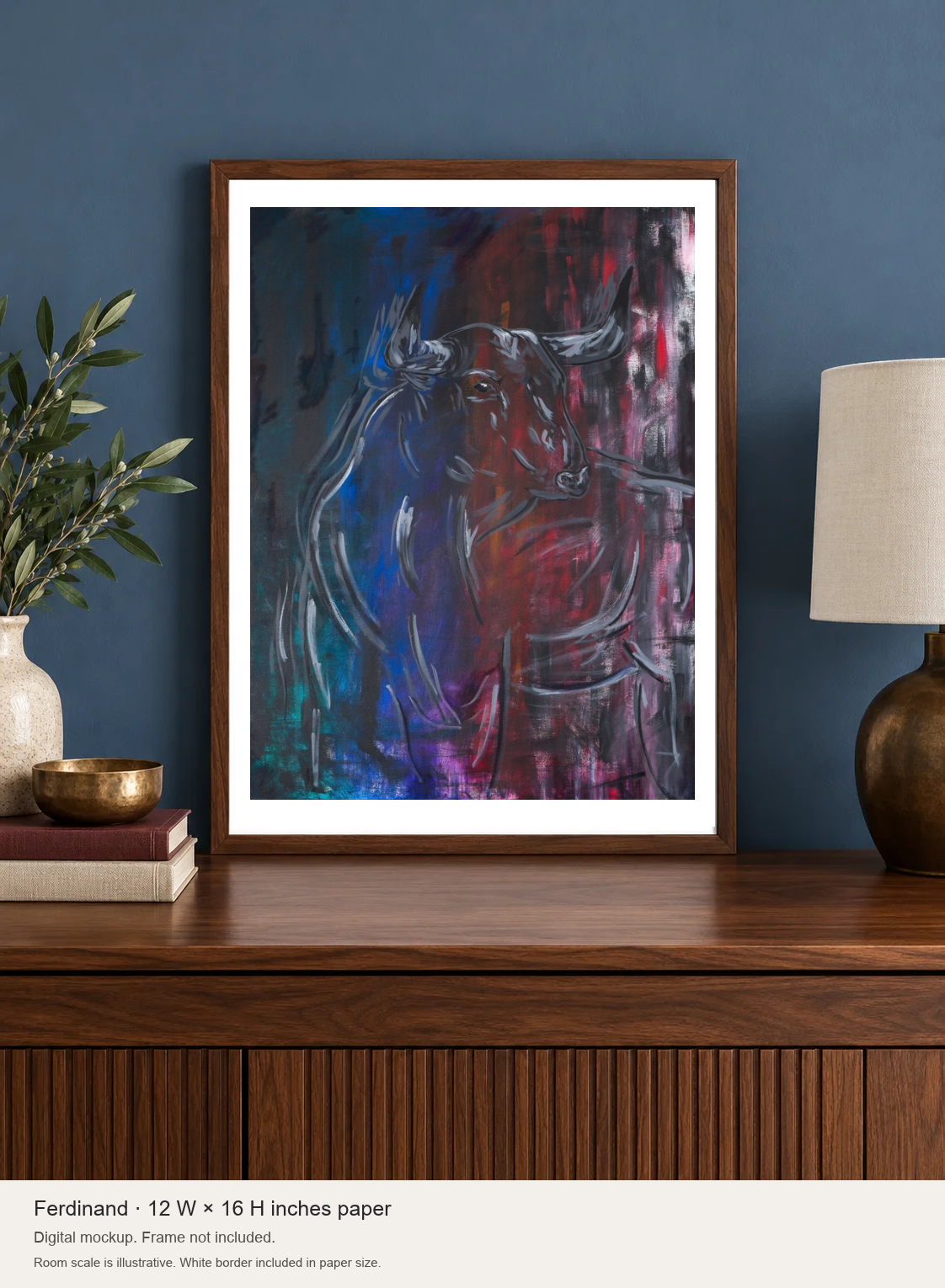 Ferdinand 12 by 16 inch paper print displayed on a table beside books. Digital mockup, frame not included.