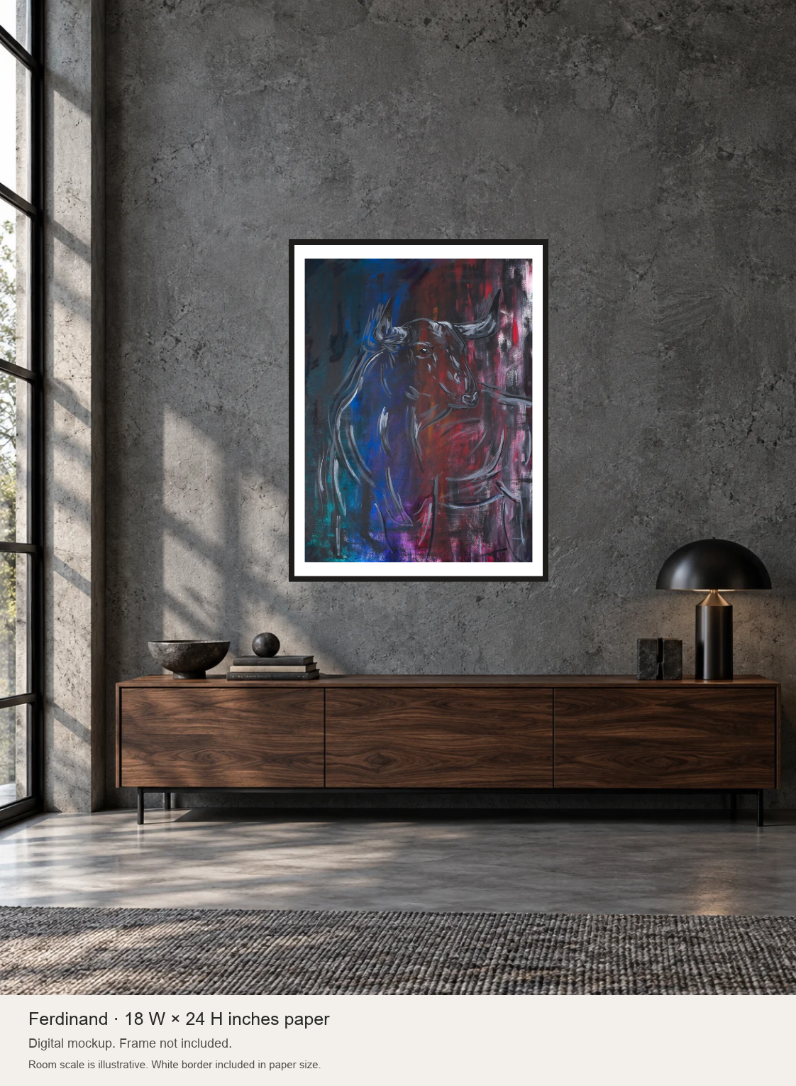 Ferdinand 18 by 24 inch paper print displayed above a walnut console against a concrete wall. Digital mockup, frame not included.