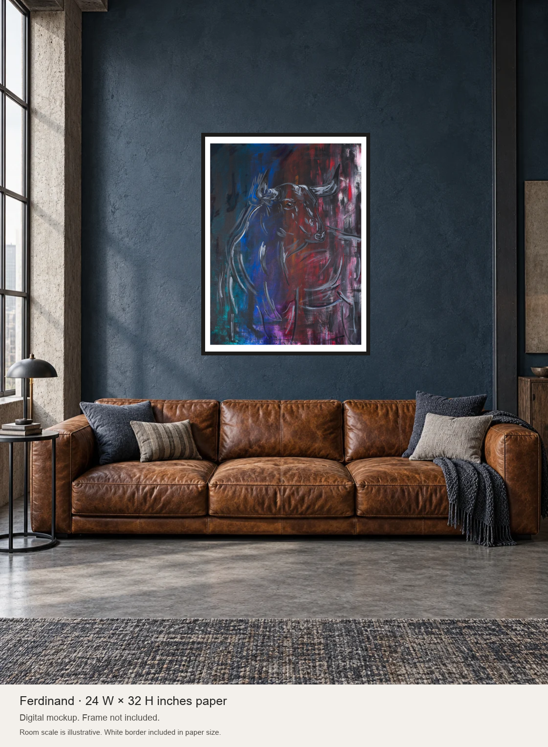 Ferdinand 24 by 32 inch paper print above a cognac leather sofa against a slate wall. Digital mockup, frame not included.